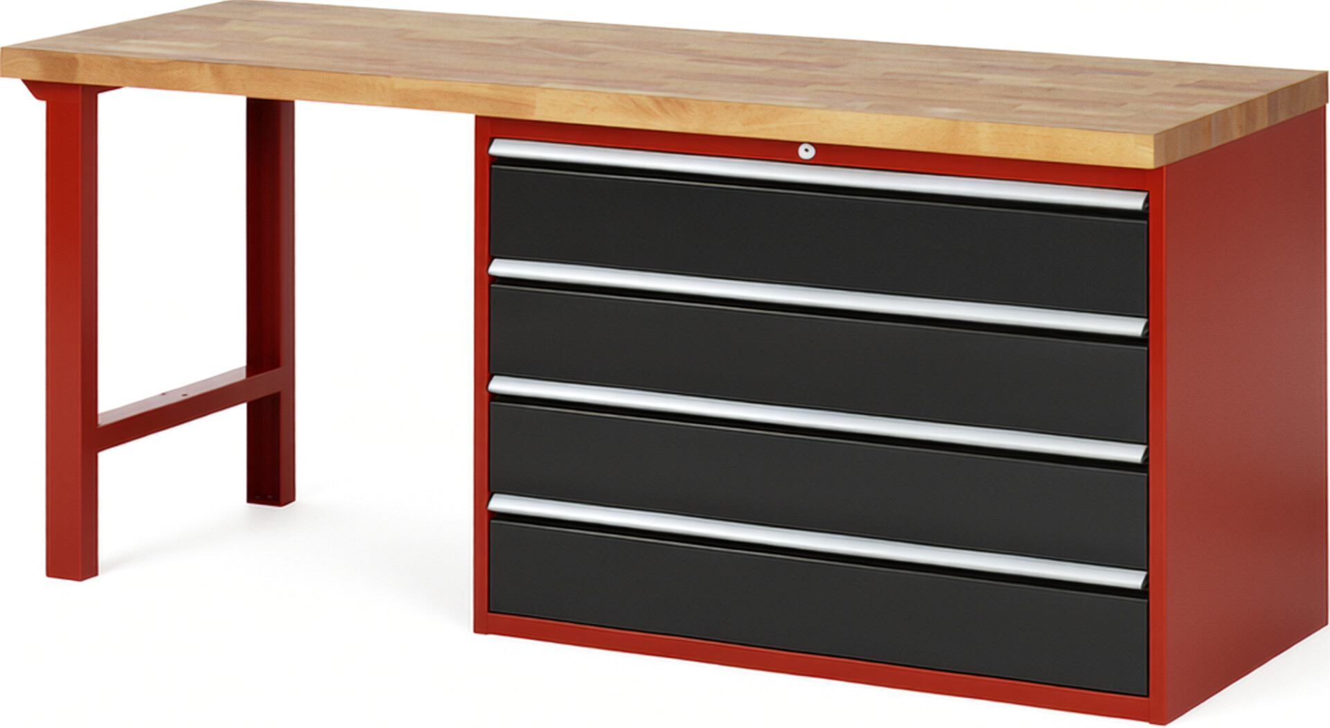 Werkbank Modell 7709 rot - schwarz, BxTxH 2000x700x890 mm,  Buche-Massiv Arbeitsplatte 40 mm,  4 Schubladen mit  Vollauszug 100 % und  SoftClosing