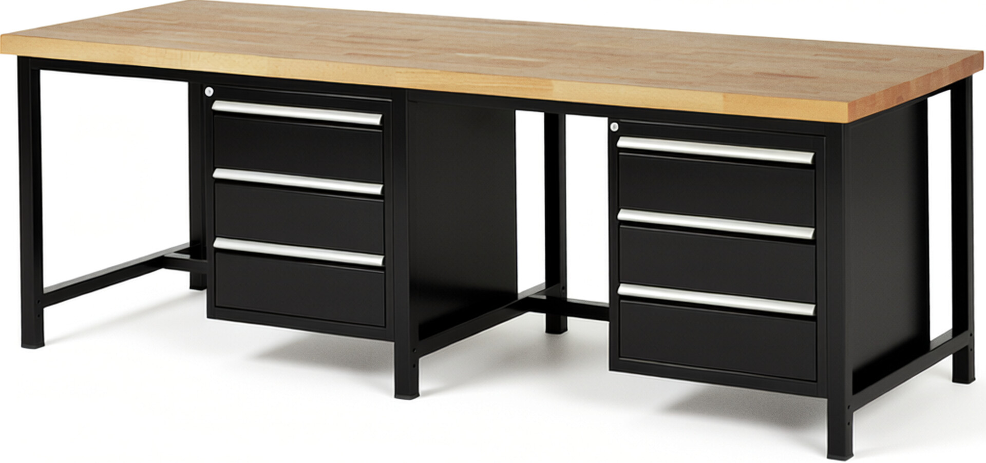 Werkbank Modell 8157 schwarz, BxTxH 2500x900x840 mm,  Buche-Massiv Arbeitsplatte 40 mm,  6 Schubladen mit  Vollauszug 100 % und  SoftClosing