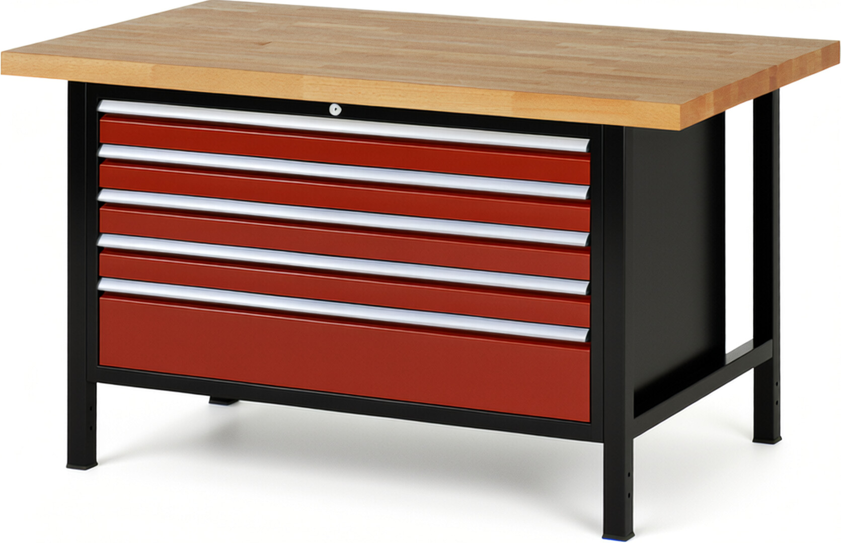 RAU Werkbank schwarz - rot - Breite 150 cm - Tiefe 90 cm - Höhe 84 cm - Buche-Massiv Arbeitsplatte 40 mm