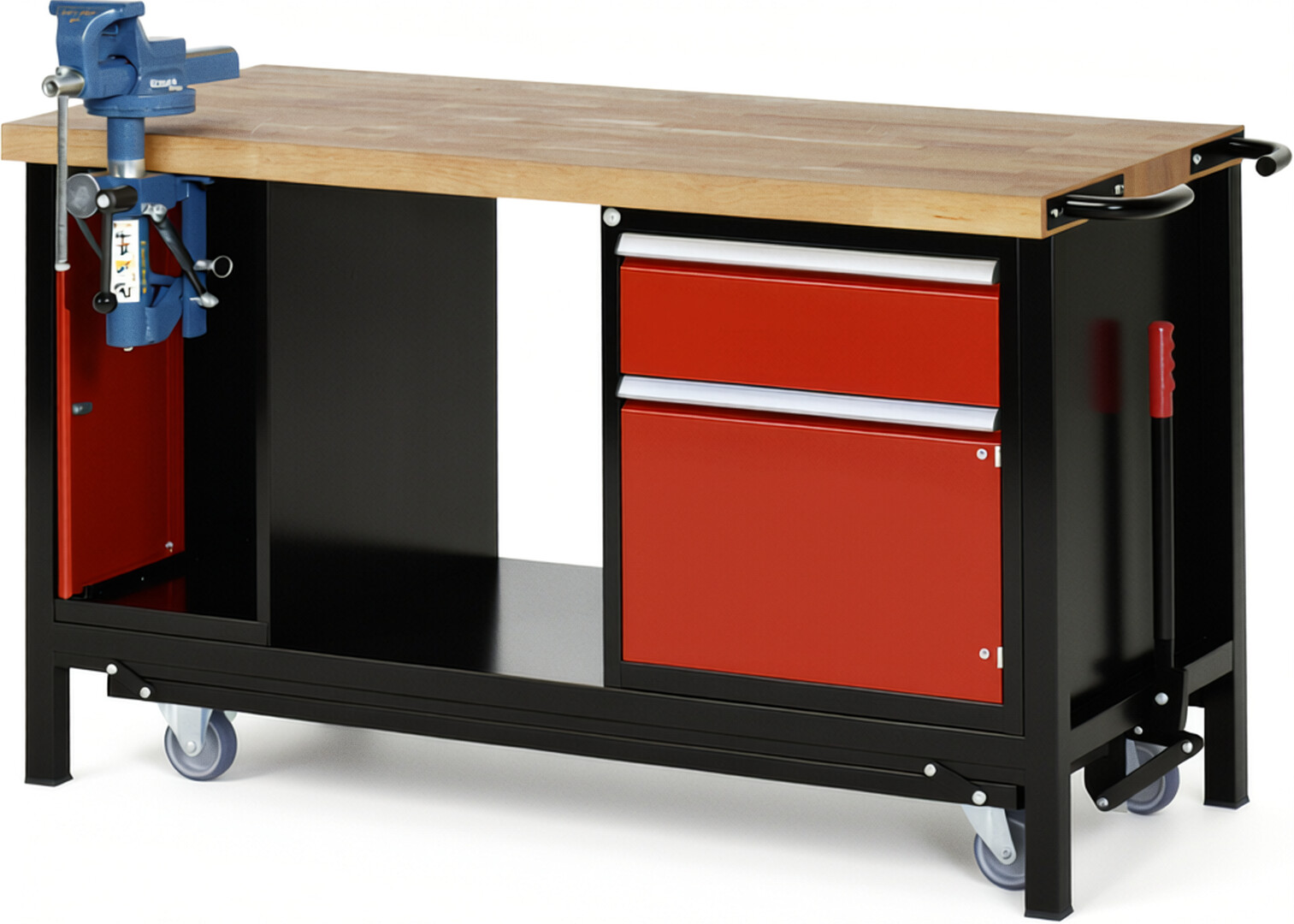 RAU Werkbank schwarz - rot - Breite 150 cm - Tiefe 70 cm - Höhe 88 cm - Buche-Massiv Arbeitsplatte 40 mm