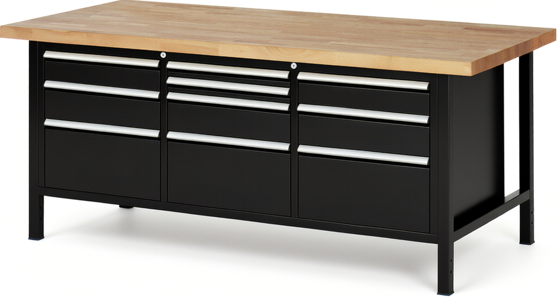 Werkbank Modell 8576 schwarz, BxTxH 2000x900x840-1040 mm,  Buche-Massiv Arbeitsplatte 40 mm,  10 Schubladen mit  Auszug 90 %