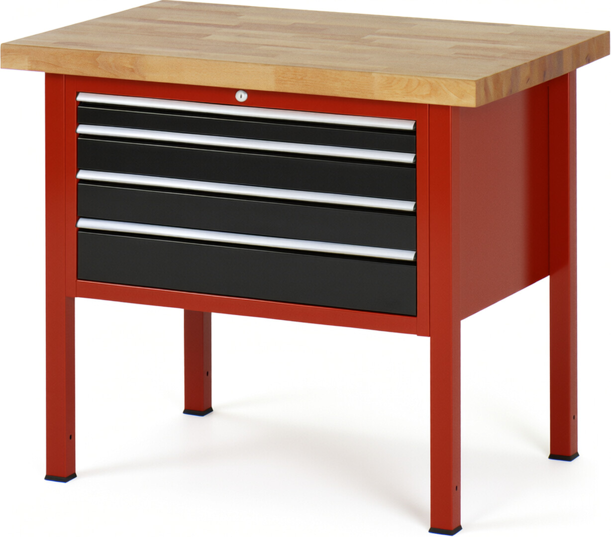 Werkbank Modell 8232 rot - schwarz, BxTxH 1000x700x840 mm,  Buche-Massiv Arbeitsplatte 40 mm,  4 Schubladen mit  Auszug 90 %