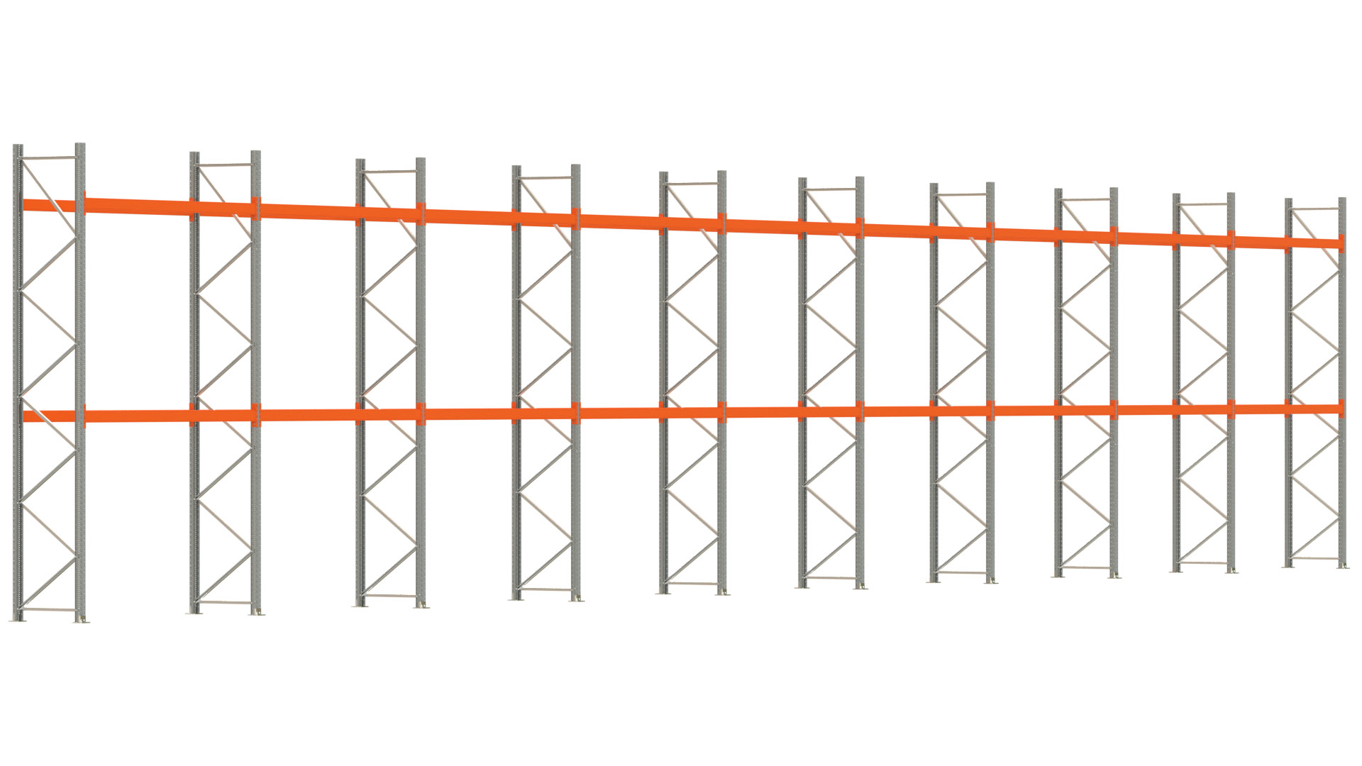 Palettenregal ARTUS - Breite 2515 cm - Höhe 450 cm - Tiefe 80 cm - 2 Träger-Ebenen - max. Fachlast 2100 kg - 54 Palettenstellplätze