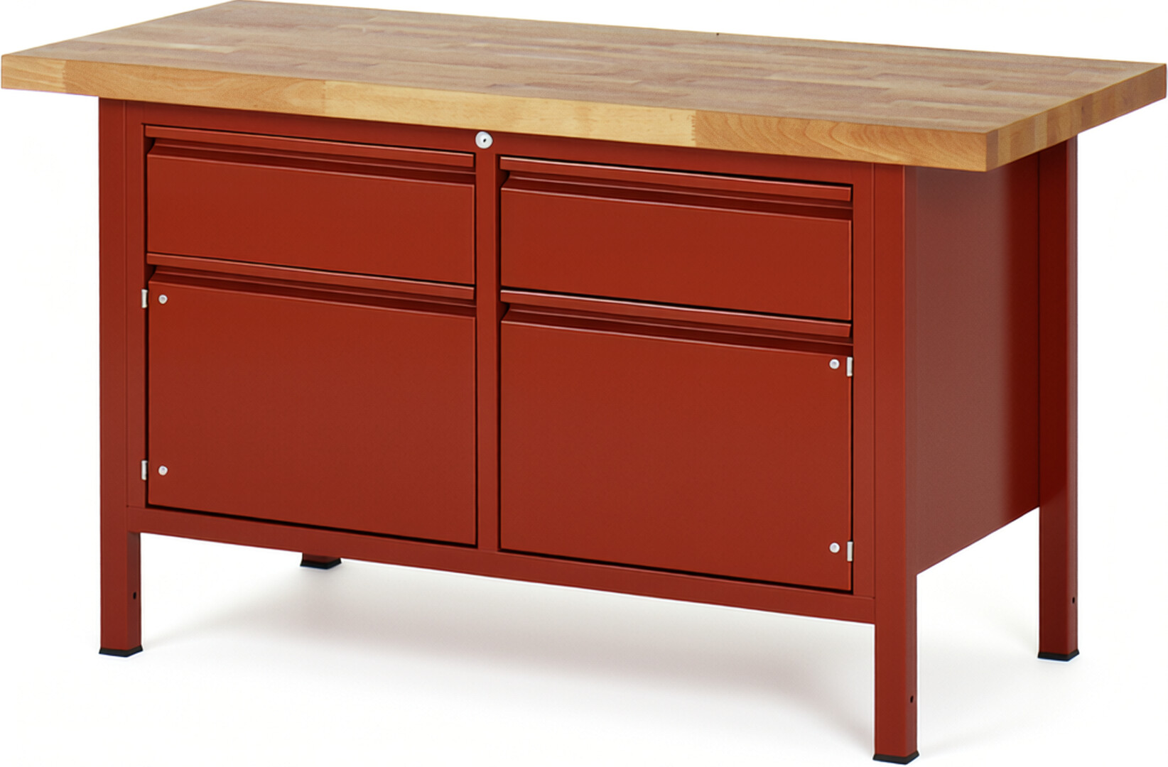 Werkbank rot, BxTxH 1500x700x840 mm, Platte Buche 40 mm mit Deckfunier, 2 Schubladen 180 mm, 2 Türen 360 mm, RAL 3000/3000