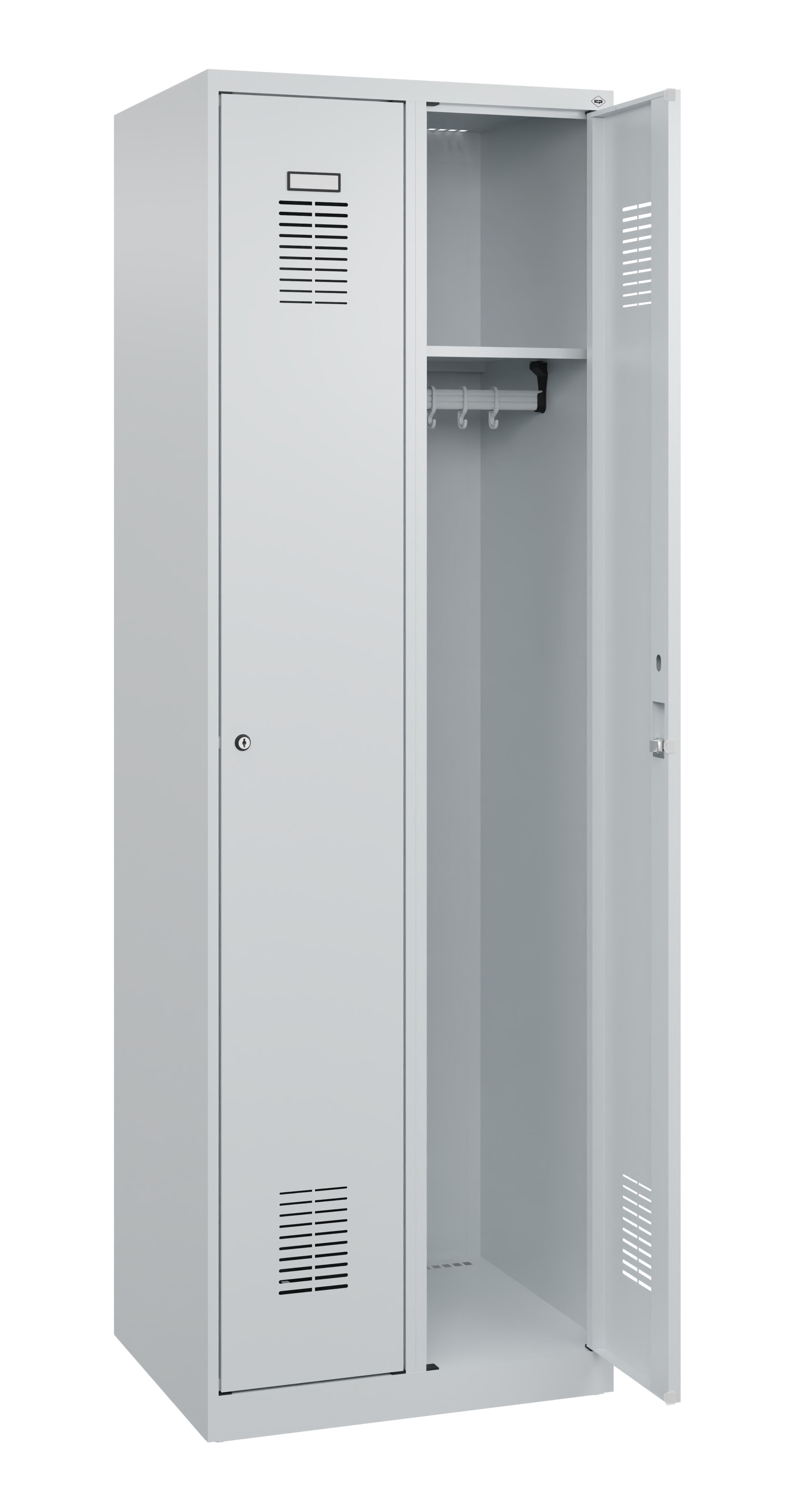 Kleiderspind Basis PLUS, 2 Abteile, Abteilbreite 30 cm, Höhe 185 cm, Breite 60 cm, Tiefe 50 cm, RAL 7035 Lichtgrau