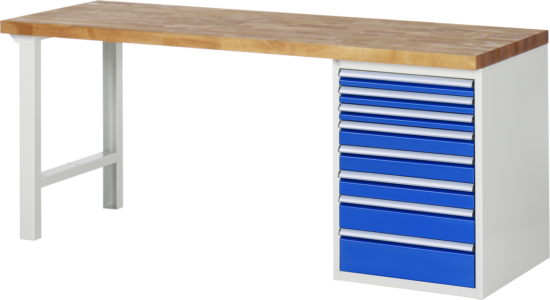 Werkbank Modell 7519 rot - schwarz, BxTxH 2000x700x840 mm,  Buche-Massiv Arbeitsplatte 40 mm,  8 Schubladen mit  Auszug 90 %