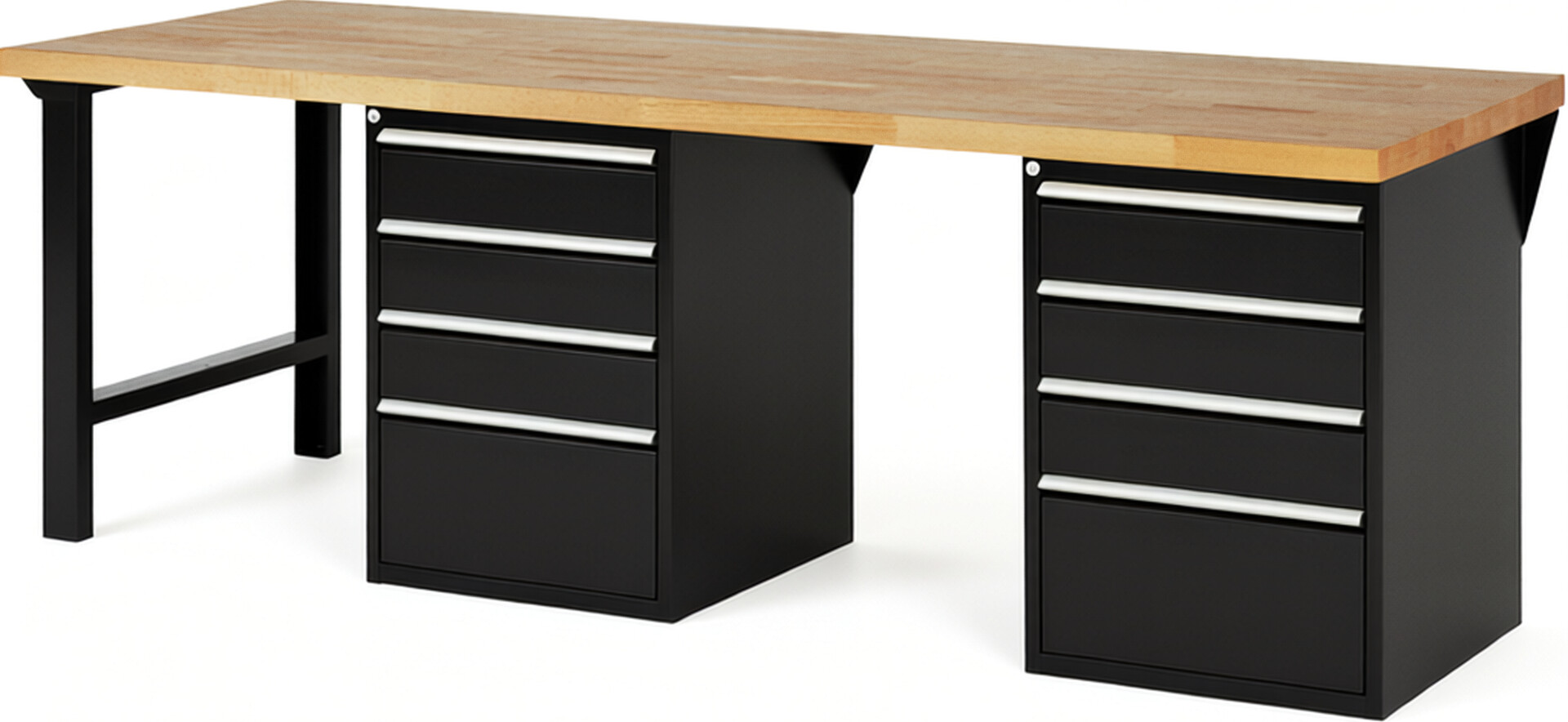 Werkbank Modell 7510 schwarz, BxTxH 2500x900x840 mm,  Buche-Massiv Arbeitsplatte 40 mm,  8 Schubladen mit  Auszug 90 %