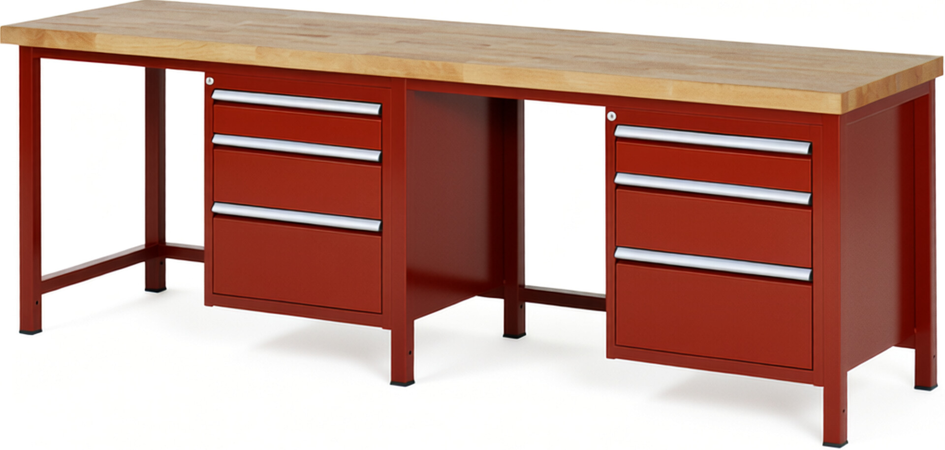 Werkbank Modell 8159 rot, BxTxH 2500x700x840-1040 mm,  Buche-Massiv Arbeitsplatte 40 mm,  6 Schubladen mit  Auszug 90 %