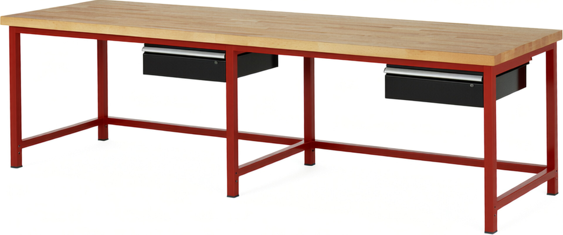 Werkbank Modell 8001 rot - schwarz, BxTxH 3000x900x840-1040 mm,  Buche-Massiv Arbeitsplatte 40 mm,  2 Schubladen mit  Auszug 90 %