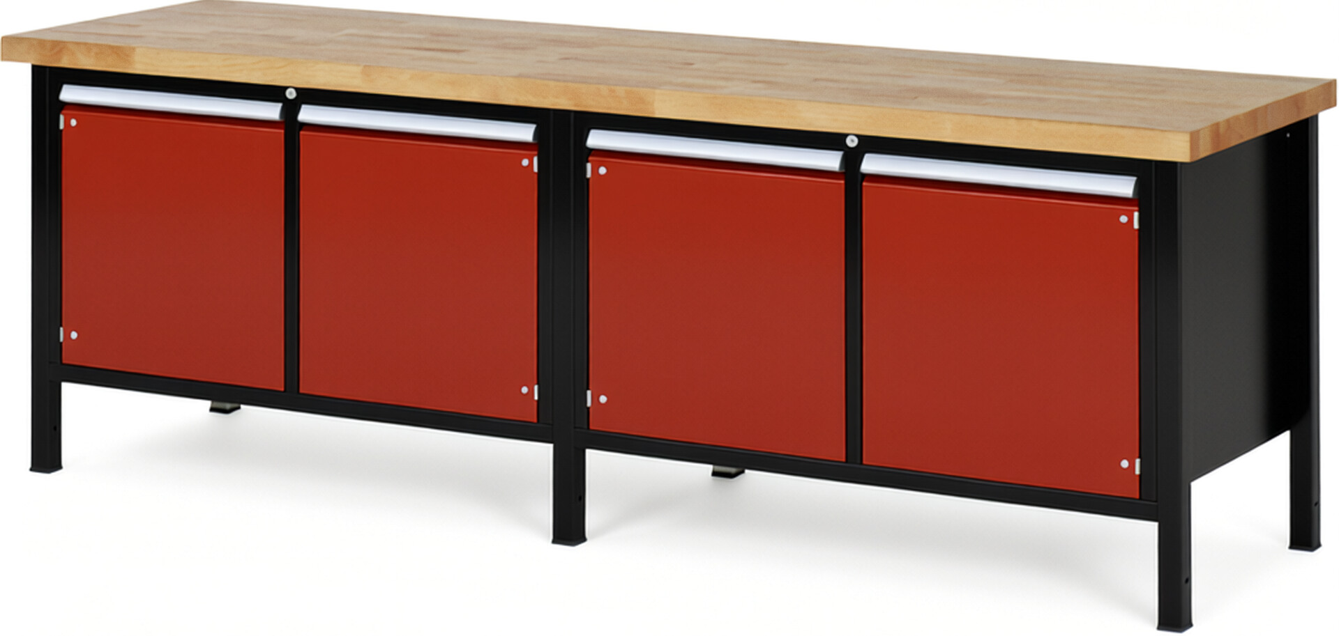 RAU Werkbank schwarz - rot - Breite 250 cm - Tiefe 70 cm - Höhe 104 cm - Buche-Massiv Arbeitsplatte 40 mm