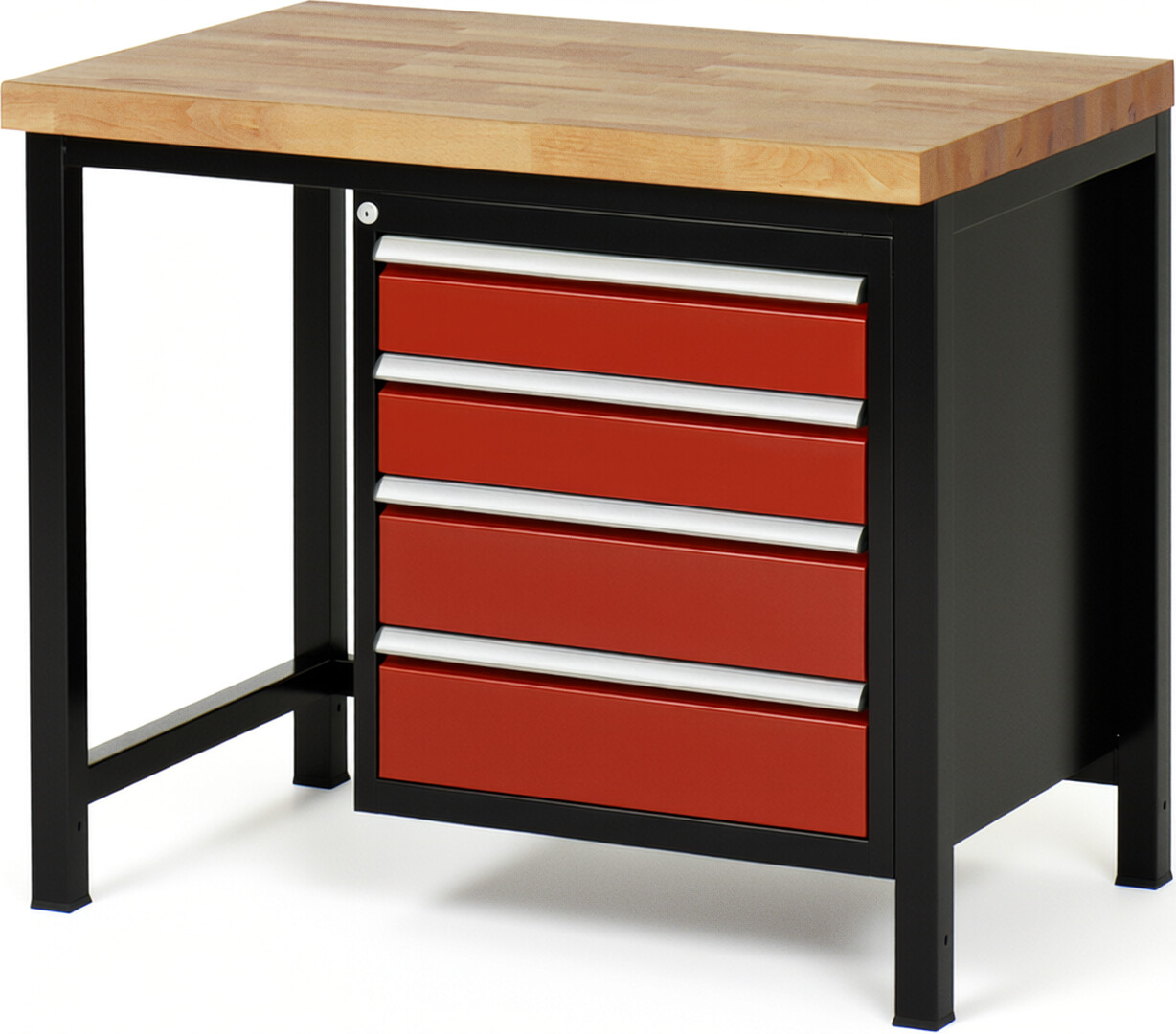 Werkbank Modell 8162 schwarz-rot, BxTxH 1000x700x840-1040 mm,  Buche-Massiv Arbeitsplatte 40 mm,  4 Schubladen mit  Vollauszug 100 % und  SoftClosing