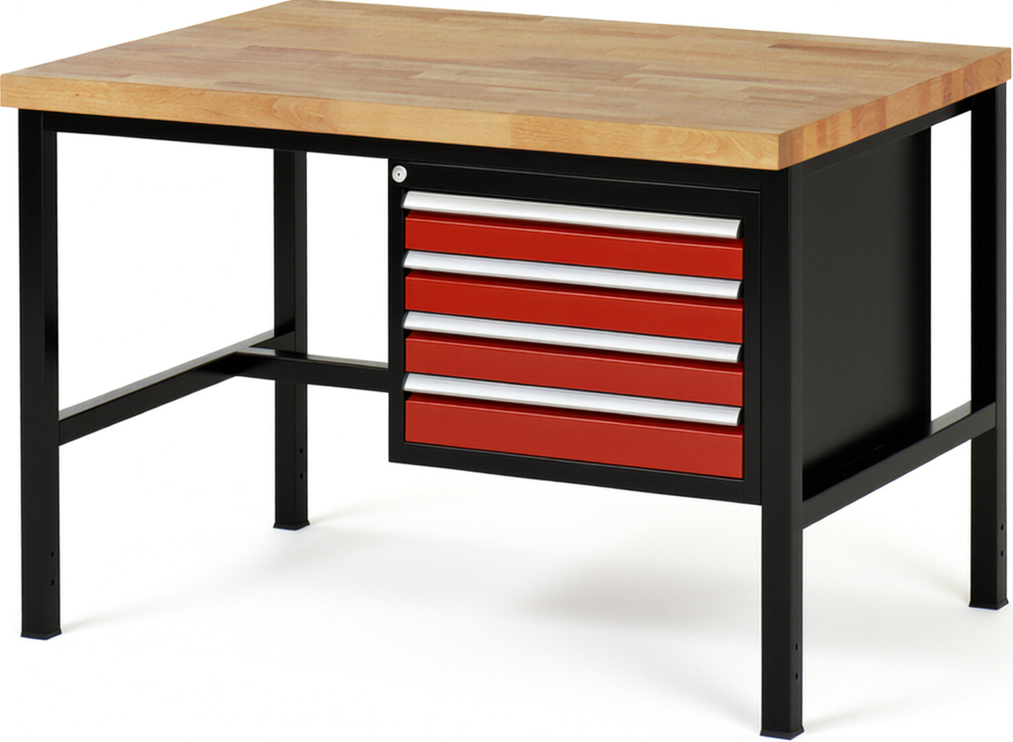 Werkbank Modell 8133 schwarz-rot, BxTxH 1250x900x840-1040 mm,  Buche-Massiv Arbeitsplatte 40 mm,  4 Schubladen mit  Auszug 90 %