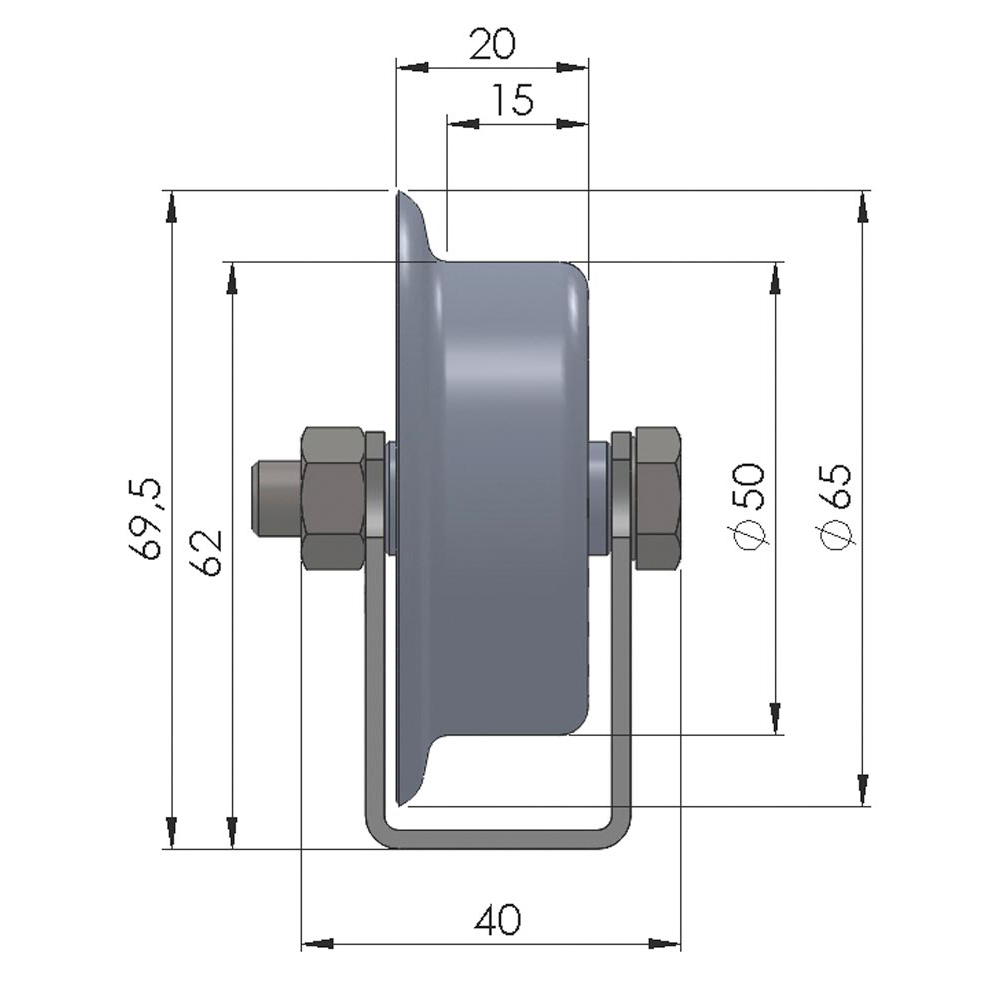 Universal-Rollenschiene, Profil 44x28x44x2 mm, verzinkt, Stahlrollen mit Spurkranz + Kugell., Traglast 20 kg/Rolle, Bauhöhe 62 mm, Achsabstand 100 mm