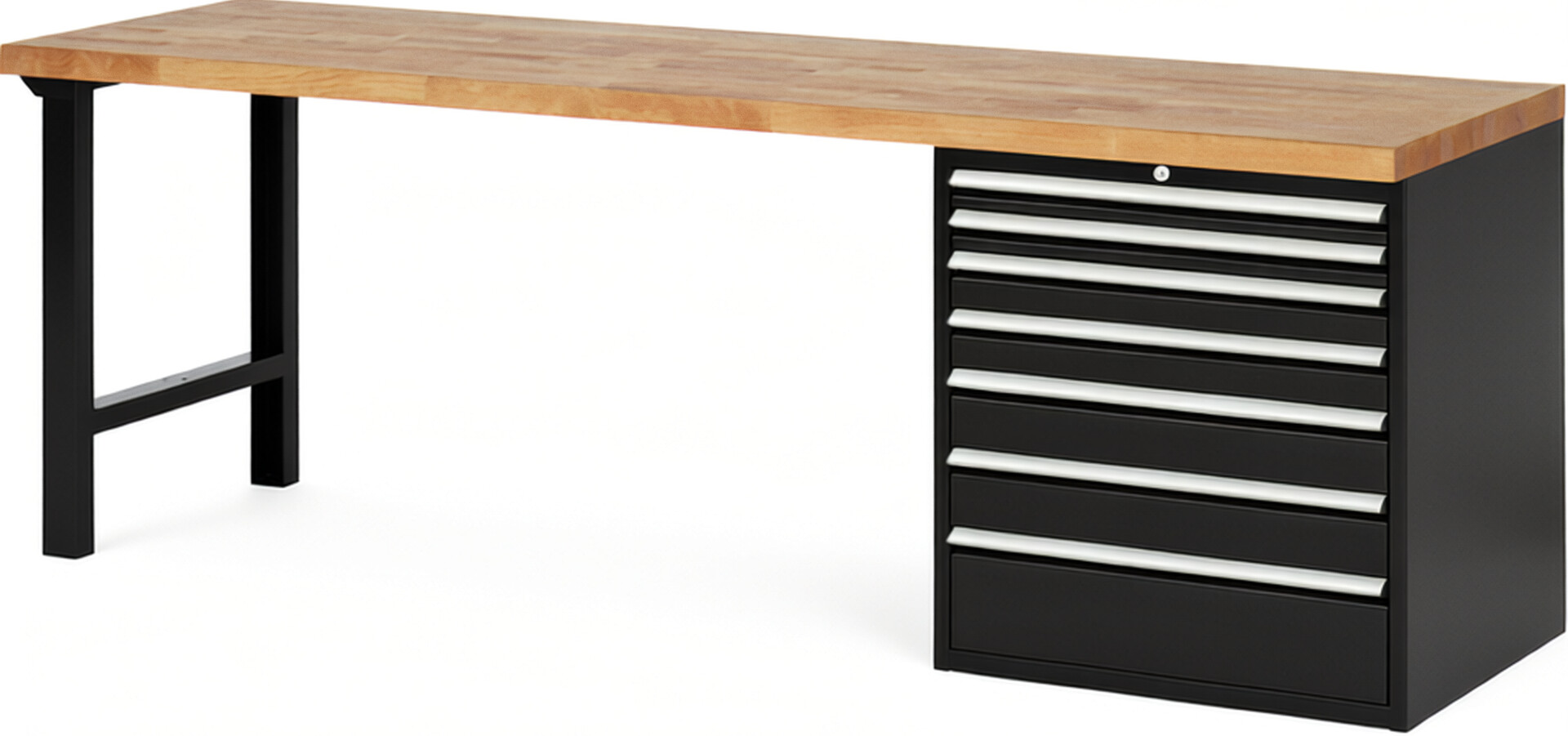 RAU Werkbank schwarz - Breite 250 cm - Tiefe 70 cm - Höhe 84 cm - Buche-Massiv Arbeitsplatte 40 mm