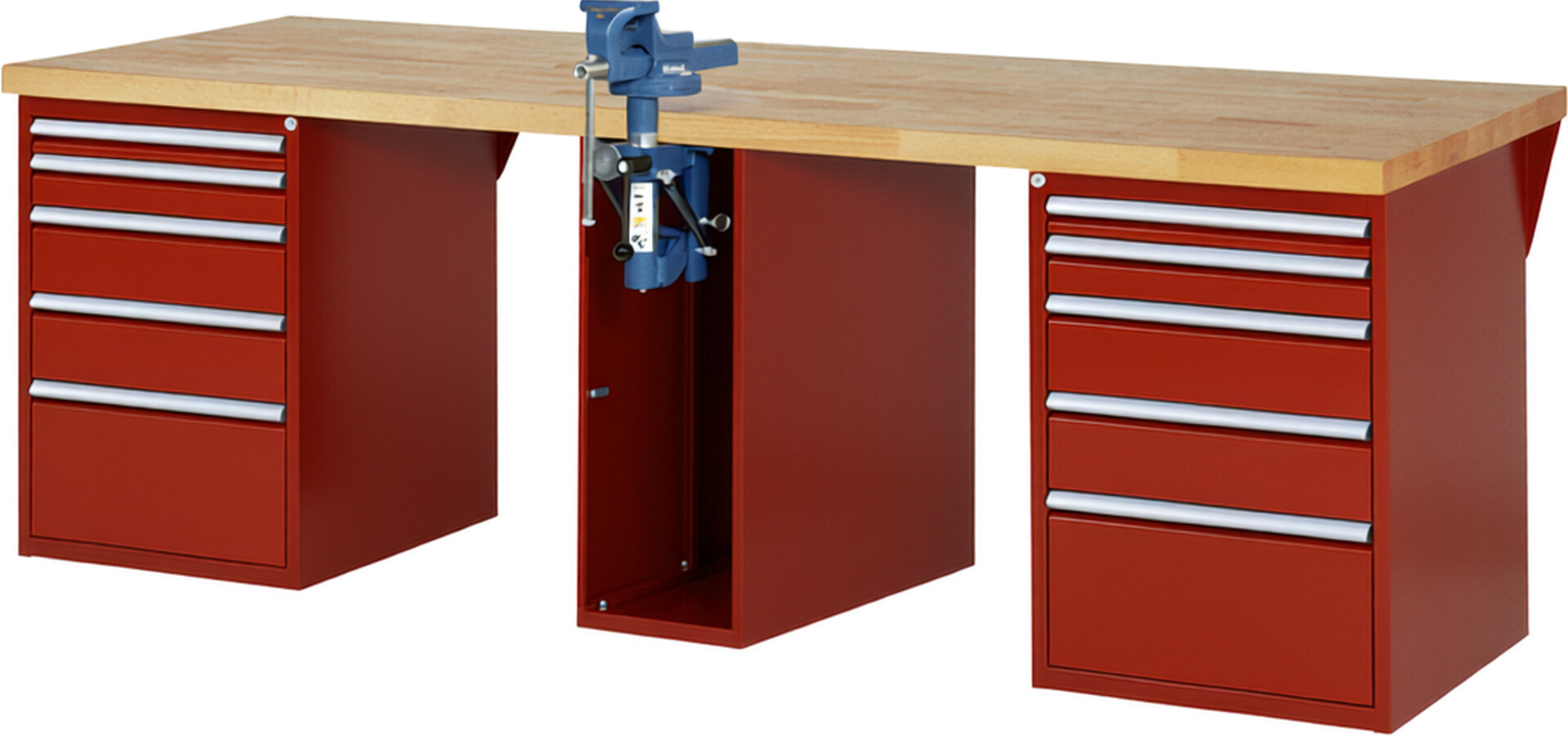 Werkbank Modell 7511 rot, BxTxH 2500x900x890 mm,  Buche-Massiv Arbeitsplatte 40 mm,  10 Schubladen mit  Auszug 90 %