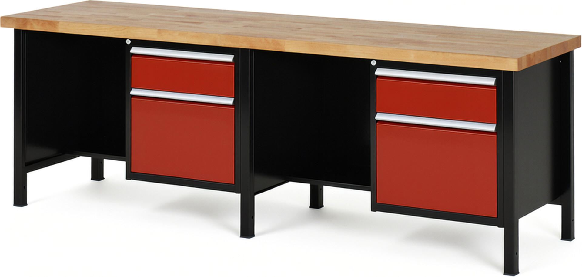 RAU Werkbank schwarz - rot - Breite 250 cm - Tiefe 70 cm - Höhe 104 cm - Buche-Massiv Arbeitsplatte 40 mm