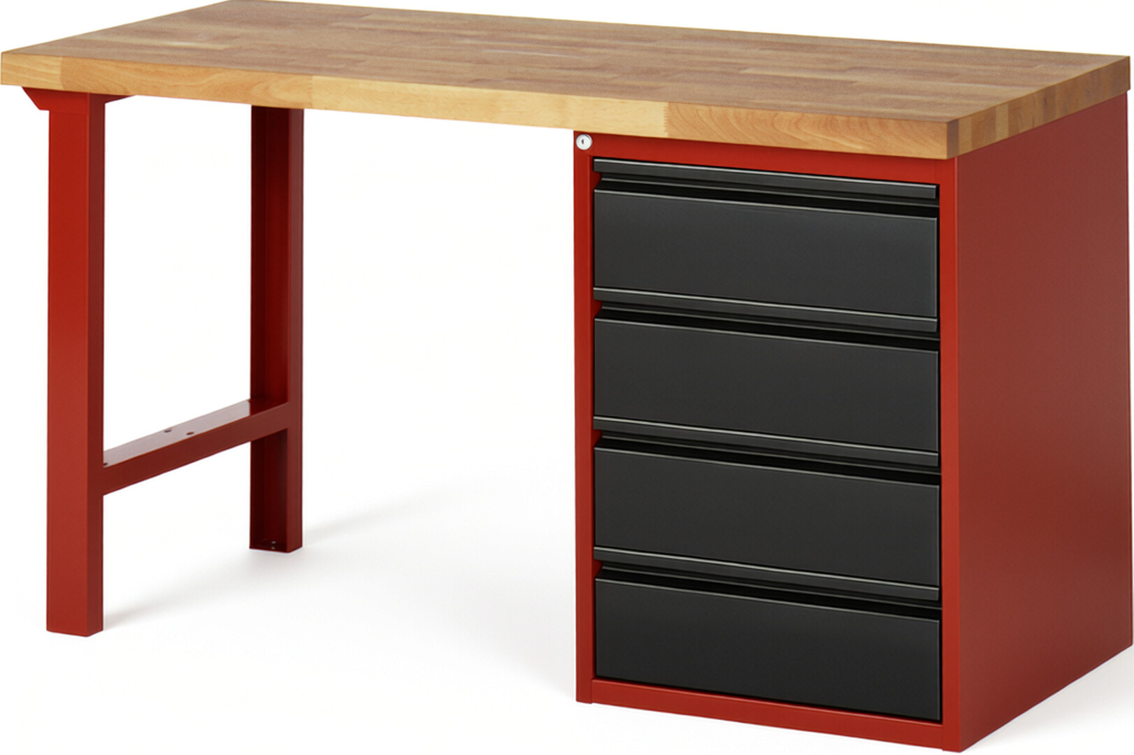 Werkbank rot - schwarz, Breite 150 cm, Tiefe 70 cm, Höhe 84 cm, 4 Schublade(n), Platte: Buche-Massiv-Arbeitsplatte