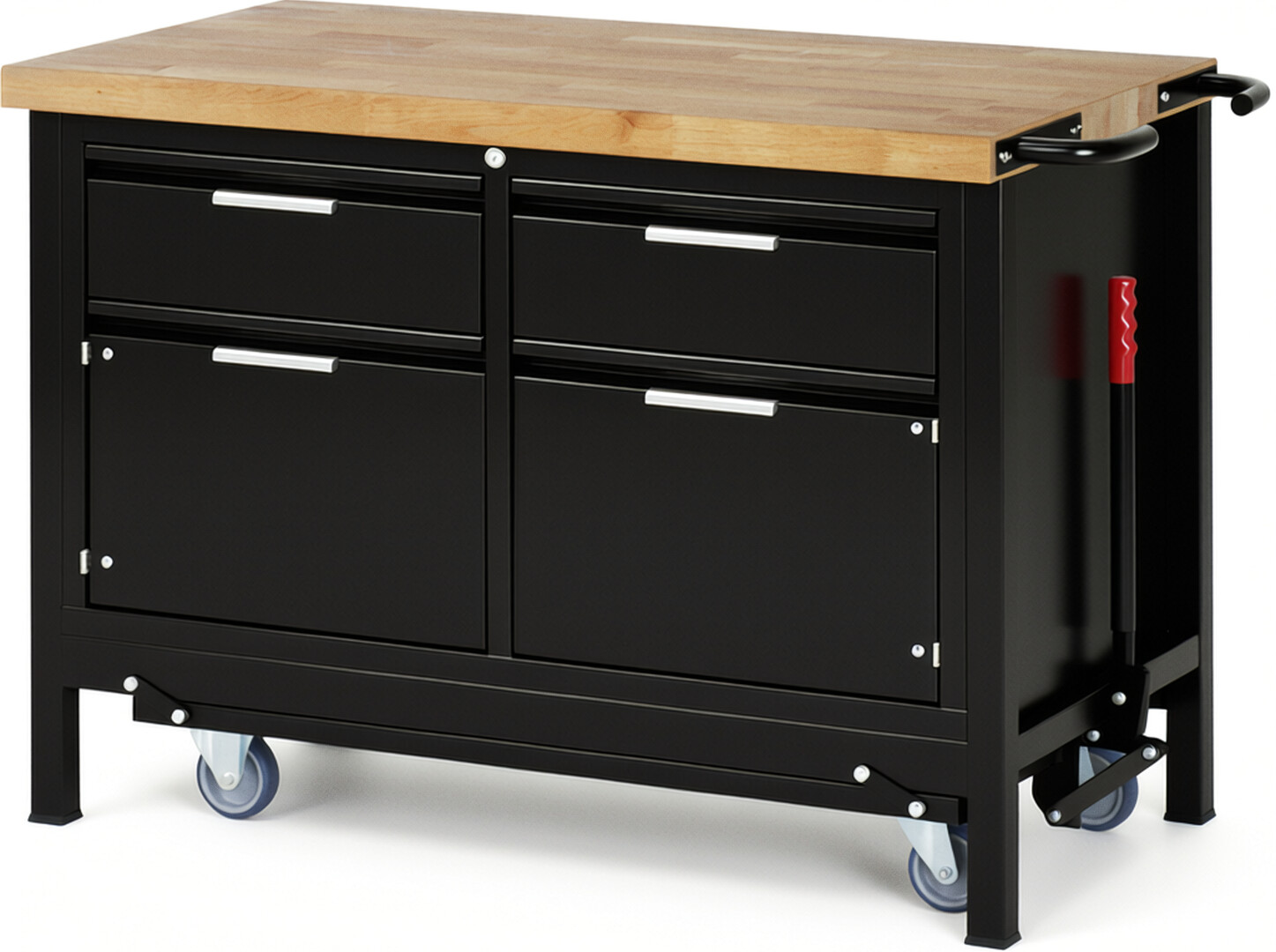 Absenkbare Werkbank - Modell 8466 BASIC schwarz, BxTxH 1250x700x880 mm,  Buche-Massiv Arbeitsplatte 40 mm,  2 Schubladen mit  Auszug 90 %