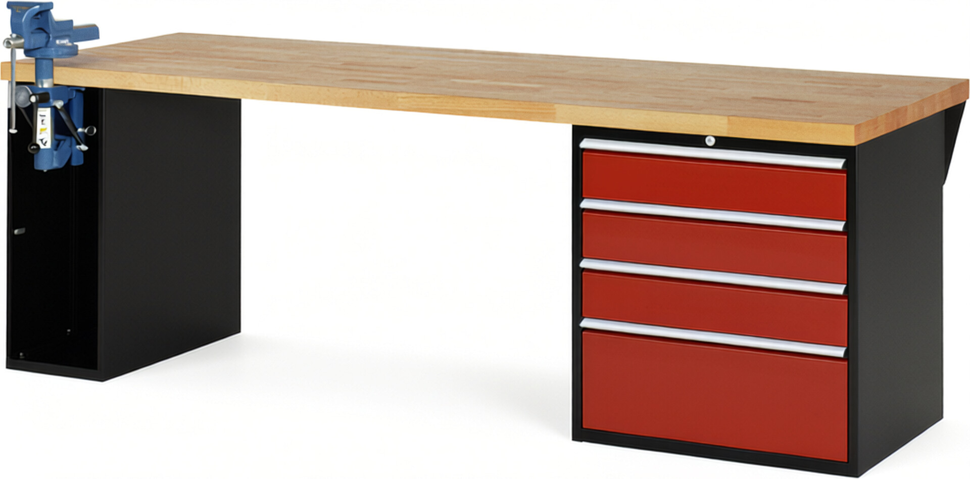 RAU Werkbank schwarz - rot - Breite 250 cm - Tiefe 90 cm - Höhe 84 cm - Buche-Massiv Arbeitsplatte 40 mm