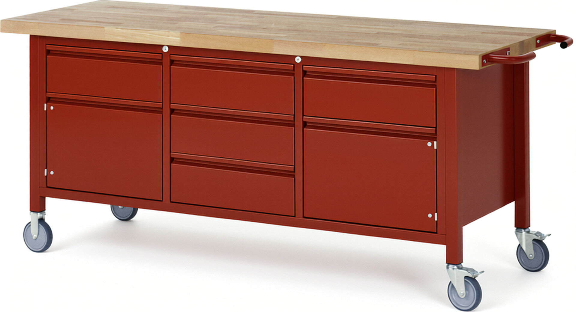 Fahrbare Werkbank - Modell 8568 BASIC rot, BxTxH 2000x700x880 mm,  Buche-Massiv Arbeitsplatte 40 mm,  5 Schubladen mit  Auszug 90 %