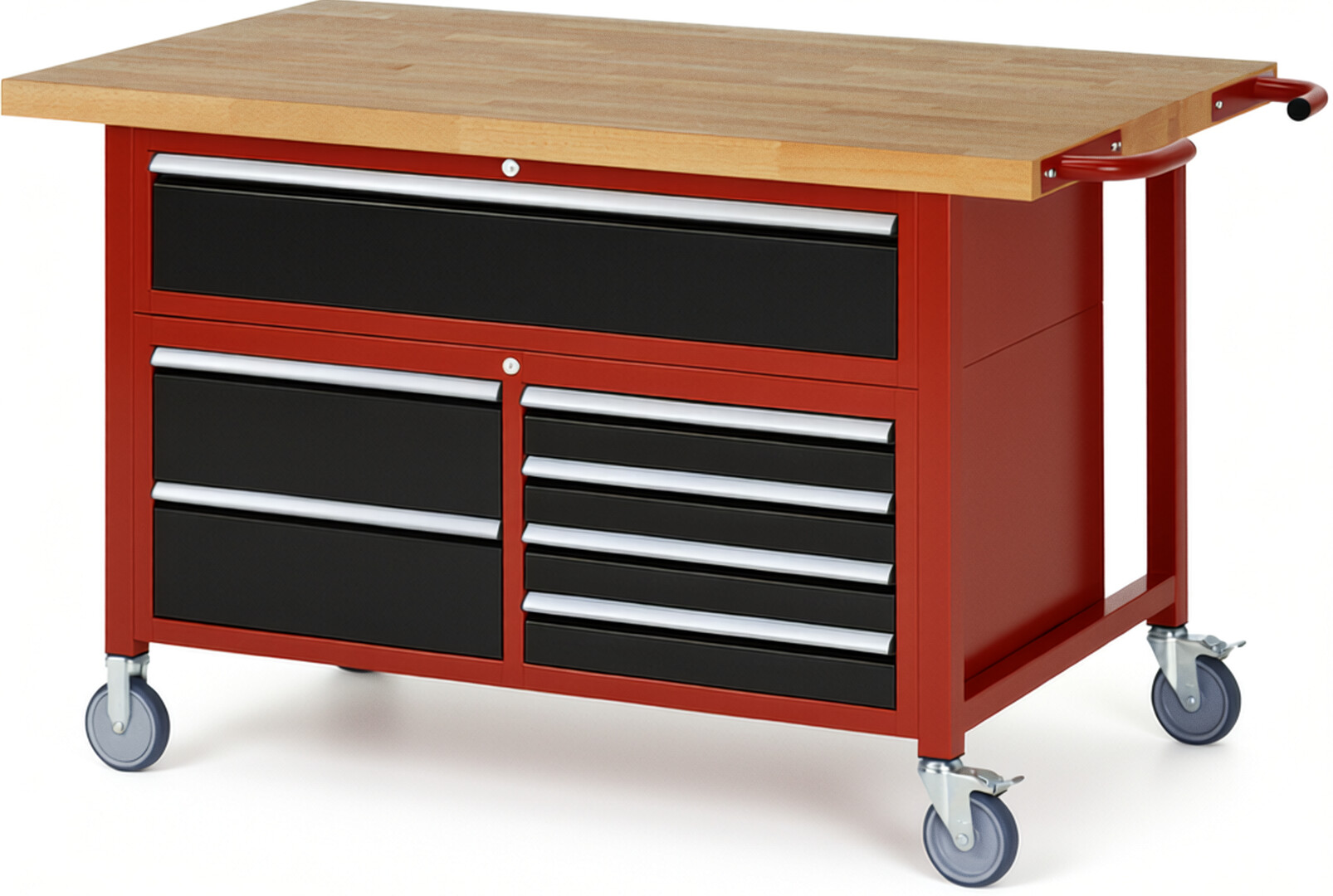 RAU Werkbank rot - schwarz - Breite 150 cm - Tiefe 90 cm - Höhe 112 cm - Buche-Massiv Arbeitsplatte 40 mm