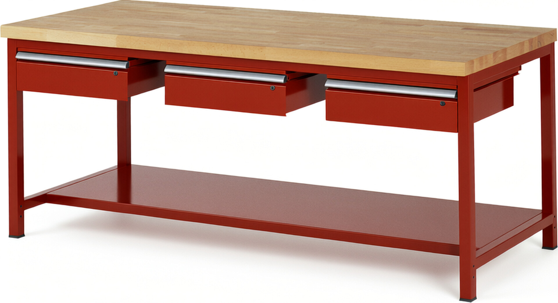 Werkbank Modell 8003 rot, BxTxH 2000x900x840-1040 mm,  Buche-Massiv Arbeitsplatte 40 mm,  3 Schubladen mit  Auszug 90 %