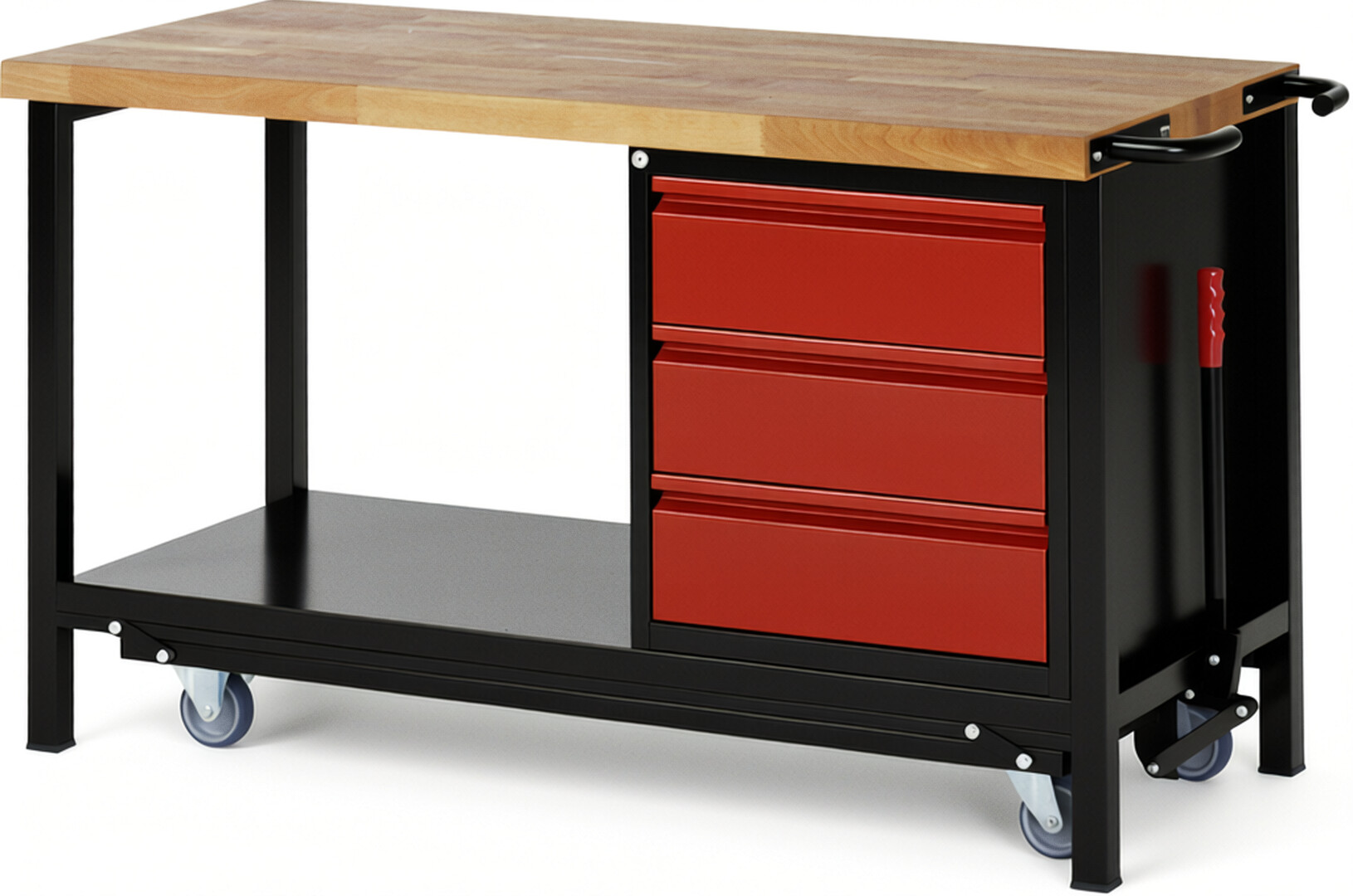 RAU Werkbank schwarz - rot - Breite 150 cm - Tiefe 70 cm - Höhe 88 cm - Buche-Massiv Arbeitsplatte 40 mm