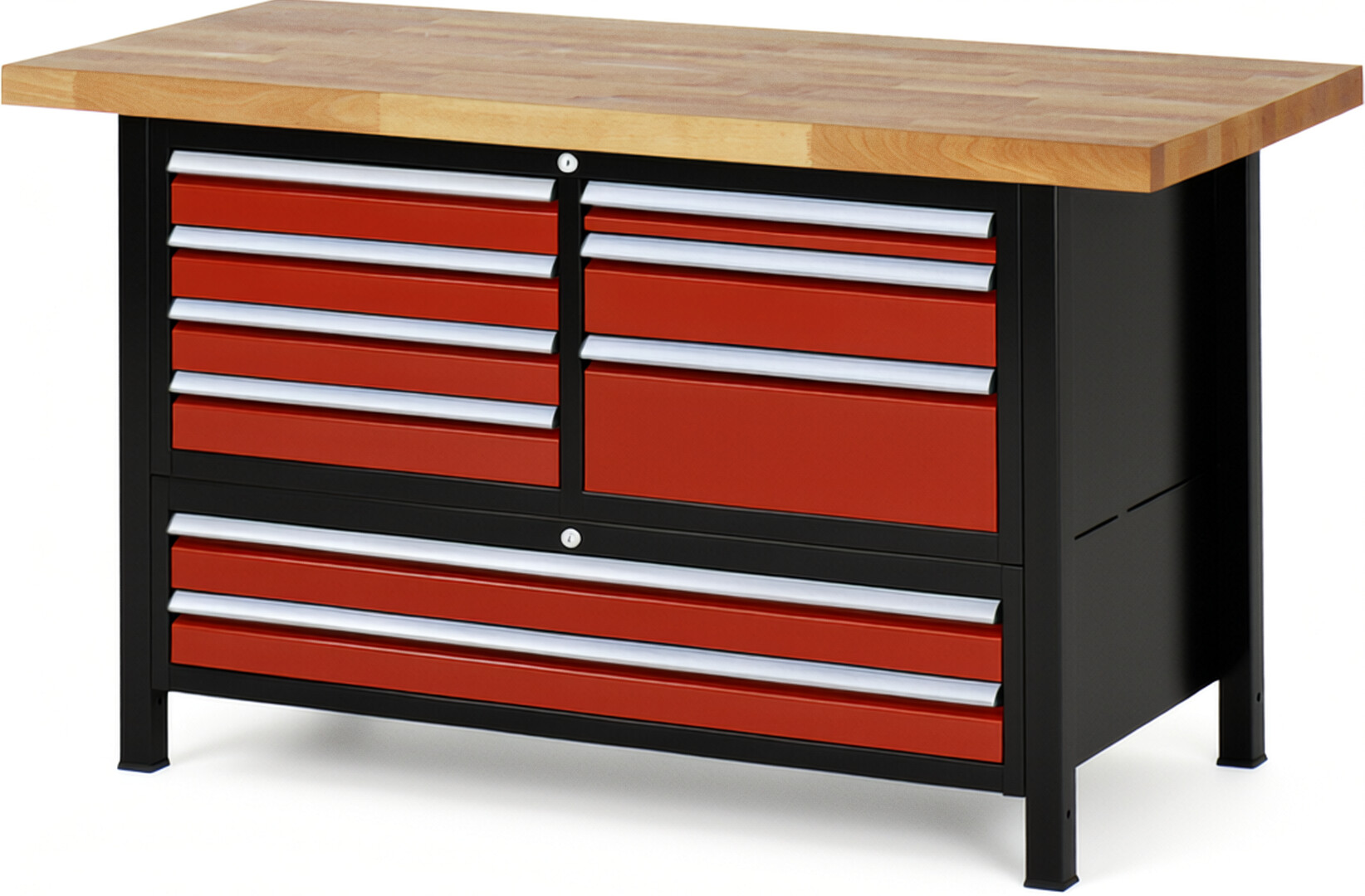 Werkbank Modell 8933 schwarz-rot, BxTxH 1500x700x840 mm,  Buche-Massiv Arbeitsplatte 40 mm,  9 Schubladen mit  Vollauszug 100 % und  SoftClosing
