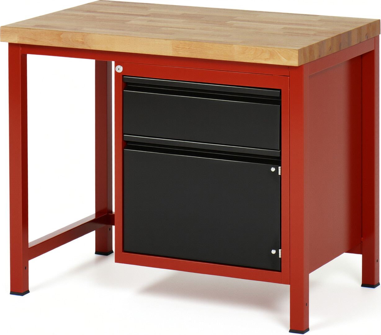 Werkbank rot - schwarz, BxTxH 1000x700x840-1040 mm, Platte Buche 40 mm, 1 Schublade 180 mm, 1 Tür 360 mm, RAL 3000/9011