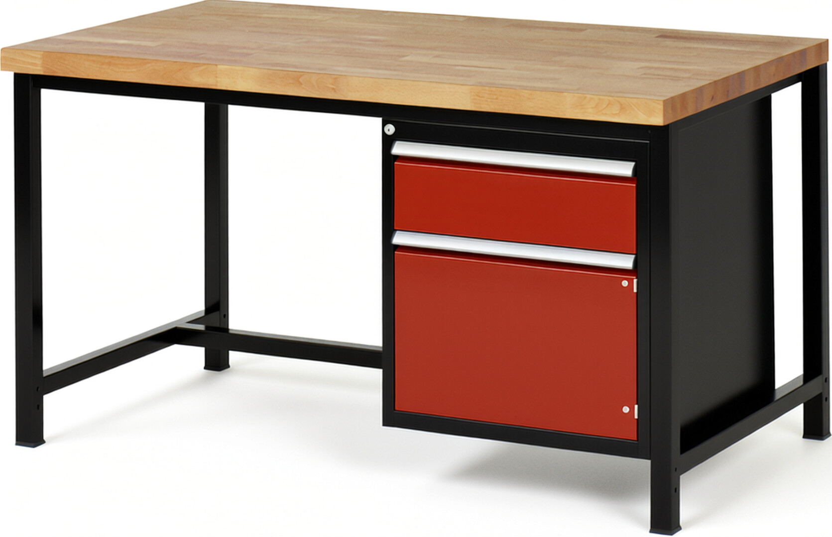 RAU Werkbank schwarz - rot - Breite 150 cm - Tiefe 90 cm - Höhe 104 cm - Buche-Massiv Arbeitsplatte 40 mm