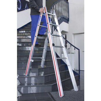 Aluminium-Treppenstehleiter - beidseitig begehbar - stufenlos verstellbare Fußverlängerungen - Länge 1.470 - Breite oben/unten 340/505 - Aluleiter