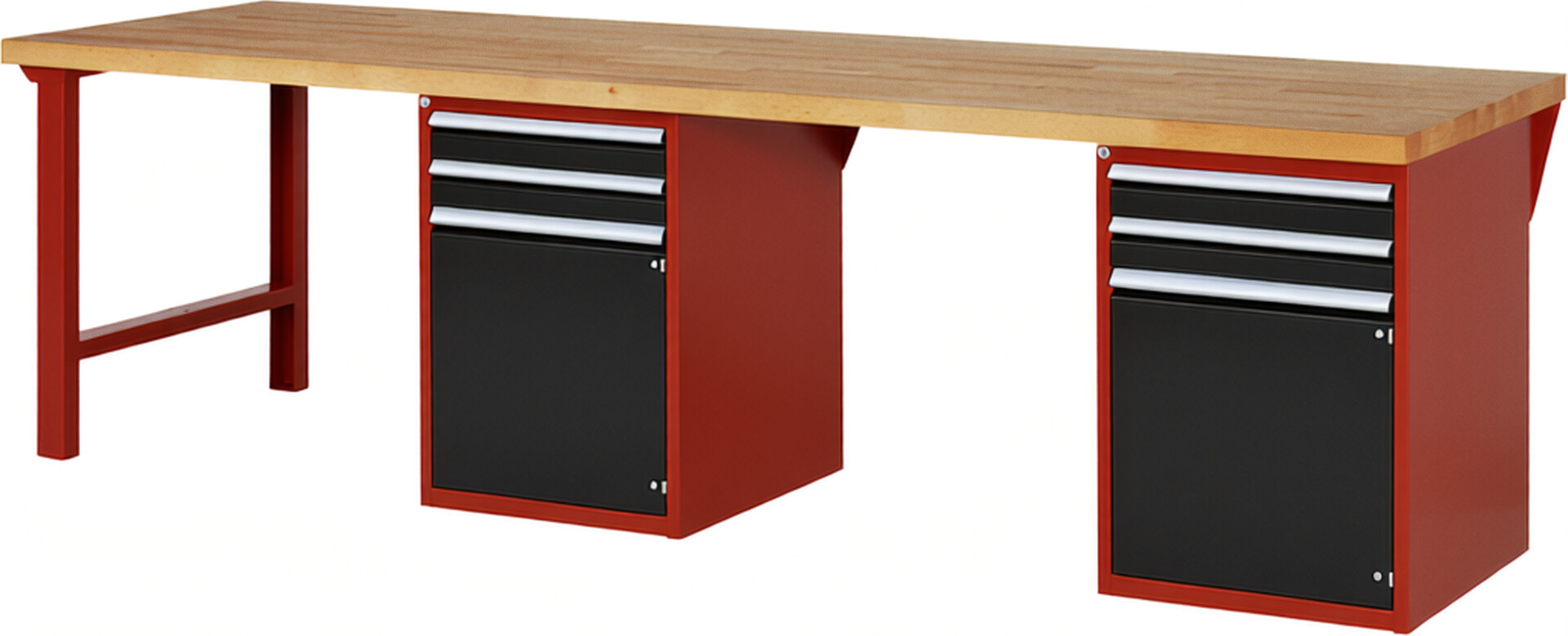 Werkbank Modell 7503 rot - schwarz, BxTxH 3000x900x890 mm,  Buche-Massiv Arbeitsplatte 40 mm,  4 Schubladen mit  Auszug 90 %