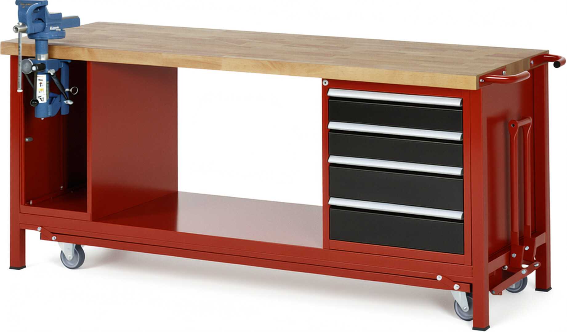 Absenkbare Werkbank Modell 8185 rot - schwarz, BxTxH 2000x700x880 mm,  Buche-Massiv Arbeitsplatte 40 mm,  4 Schubladen mit  Vollauszug 100 % und  SoftClosing