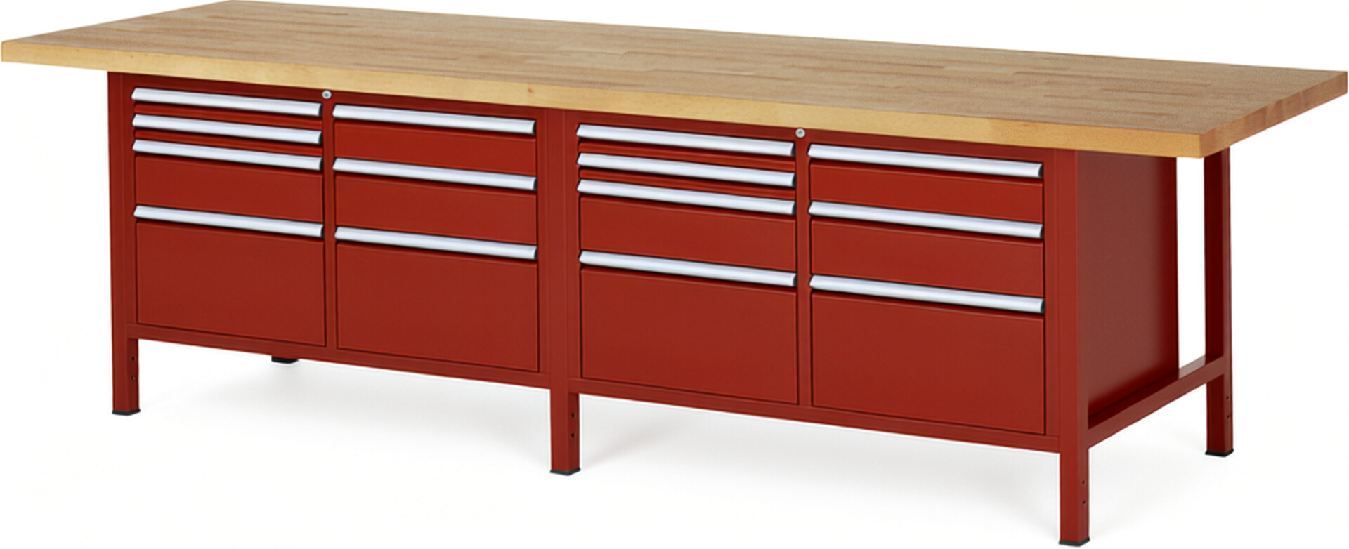 Werkbank Modell 8476 rot, BxTxH 3000x900x840 mm,  Buche-Massiv Arbeitsplatte 40 mm,  14 Schubladen mit  Auszug 90 %