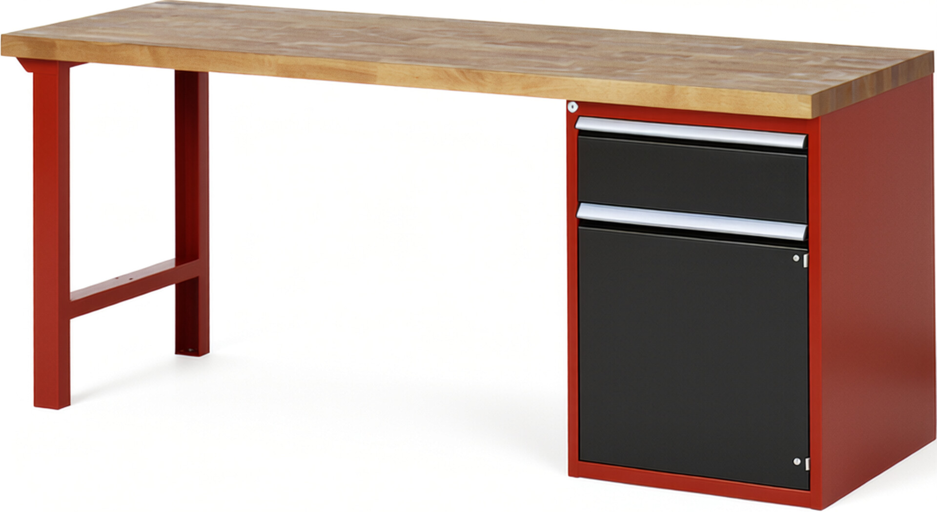 Werkbank Modell 7502 rot - schwarz, BxTxH 2000x700x840 mm,  Buche-Massiv Arbeitsplatte 40 mm,  1 Schublade mit  Vollauszug 100 % und  SoftClosing