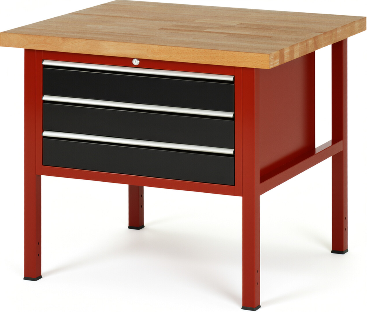Werkbank Modell 8227 rot - schwarz, BxTxH 1000x900x840-1040 mm,  Buche-Massiv Arbeitsplatte 40 mm,  3 Schubladen mit  Auszug 90 %