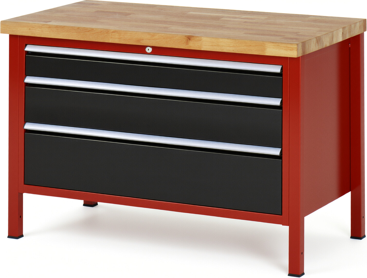 Werkbank Modell 8359 rot - schwarz, BxTxH 1250x700x840-1040 mm,  Buche-Massiv Arbeitsplatte 40 mm,  3 Schubladen mit  Vollauszug 100 % und  SoftClosing