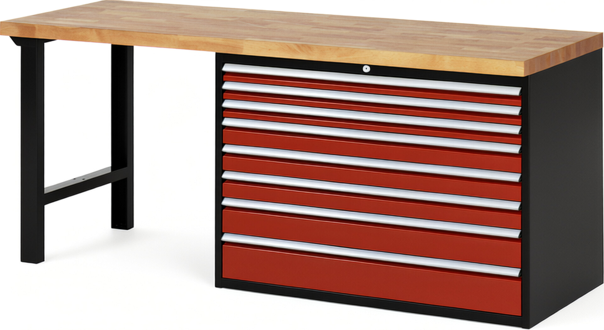 RAU Werkbank schwarz - rot - Breite 200 cm - Tiefe 70 cm - Höhe 89 cm - Buche-Massiv Arbeitsplatte 40 mm