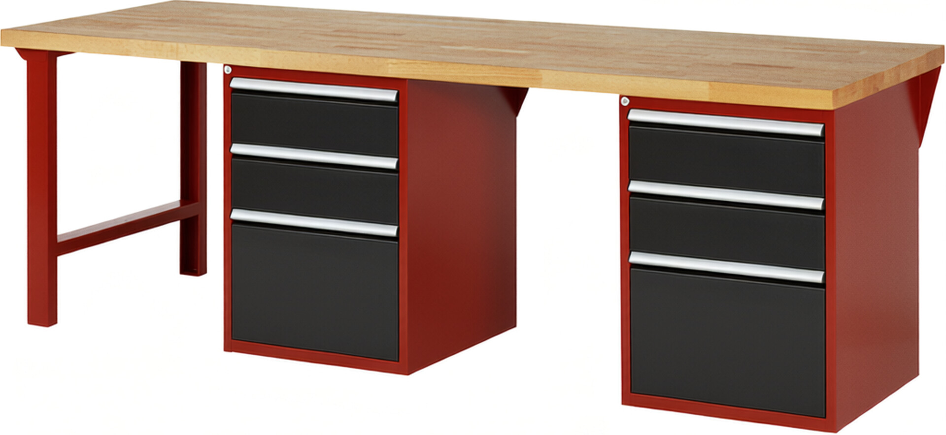 Werkbank Modell 7507 rot - schwarz, BxTxH 2500x900x890 mm,  Buche-Massiv Arbeitsplatte 40 mm,  6 Schubladen mit  Vollauszug 100 % und  SoftClosing