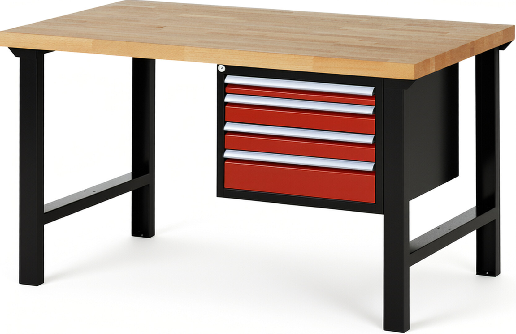 RAU Werkbank schwarz - rot - Breite 150 cm - Tiefe 90 cm - Höhe 84 cm - Buche-Massiv Arbeitsplatte 40 mm