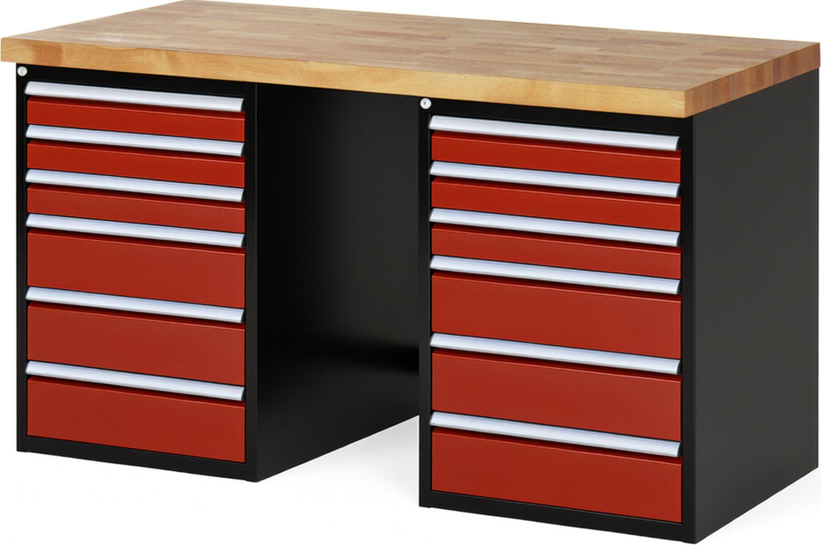 RAU Werkbank schwarz - rot - Breite 150 cm - Tiefe 70 cm - Höhe 89 cm - Buche-Massiv Arbeitsplatte 40 mm