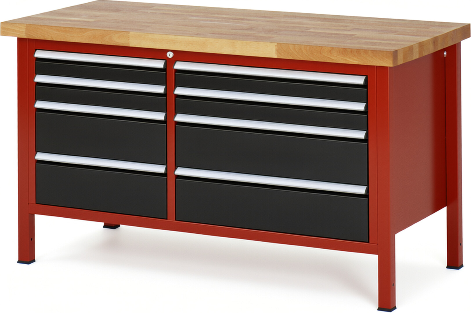 Werkbank Modell 8654 rot - schwarz, BxTxH 1500x700x840 mm,  Buche-Massiv Arbeitsplatte 40 mm,  8 Schubladen mit  Auszug 90 %