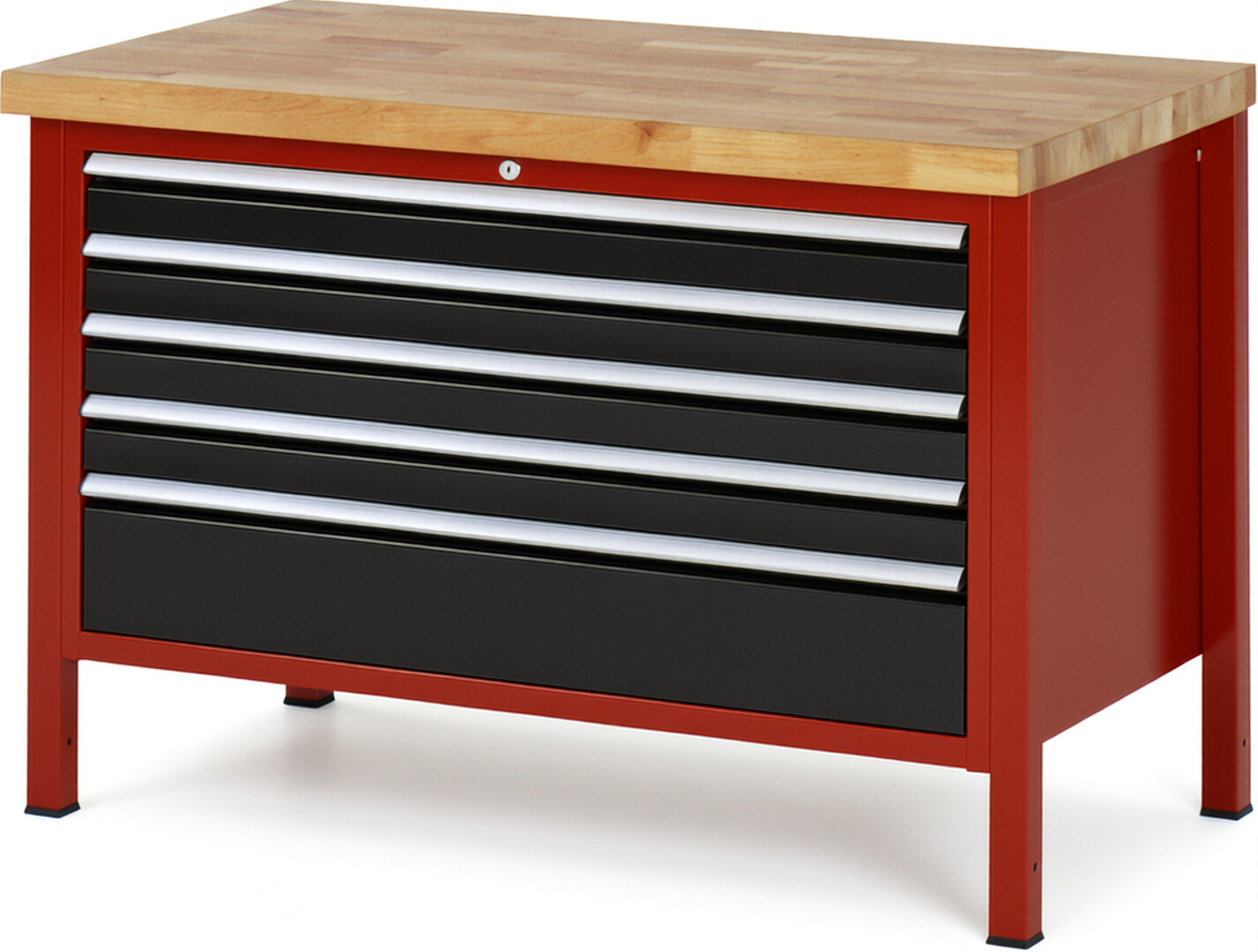 Werkbank Modell 8368 rot - schwarz, BxTxH 1250x700x840 mm,  Buche-Massiv Arbeitsplatte 40 mm,  5 Schubladen mit  Vollauszug 100 % und  SoftClosing