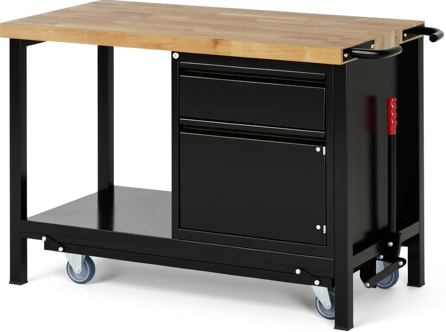 Absenkbare Werkbank - Modell 8152 BASIC schwarz, BxTxH 1250x700x880 mm,  Buche-Massiv Arbeitsplatte 40 mm,  1 Schublade mit  Auszug 90 %