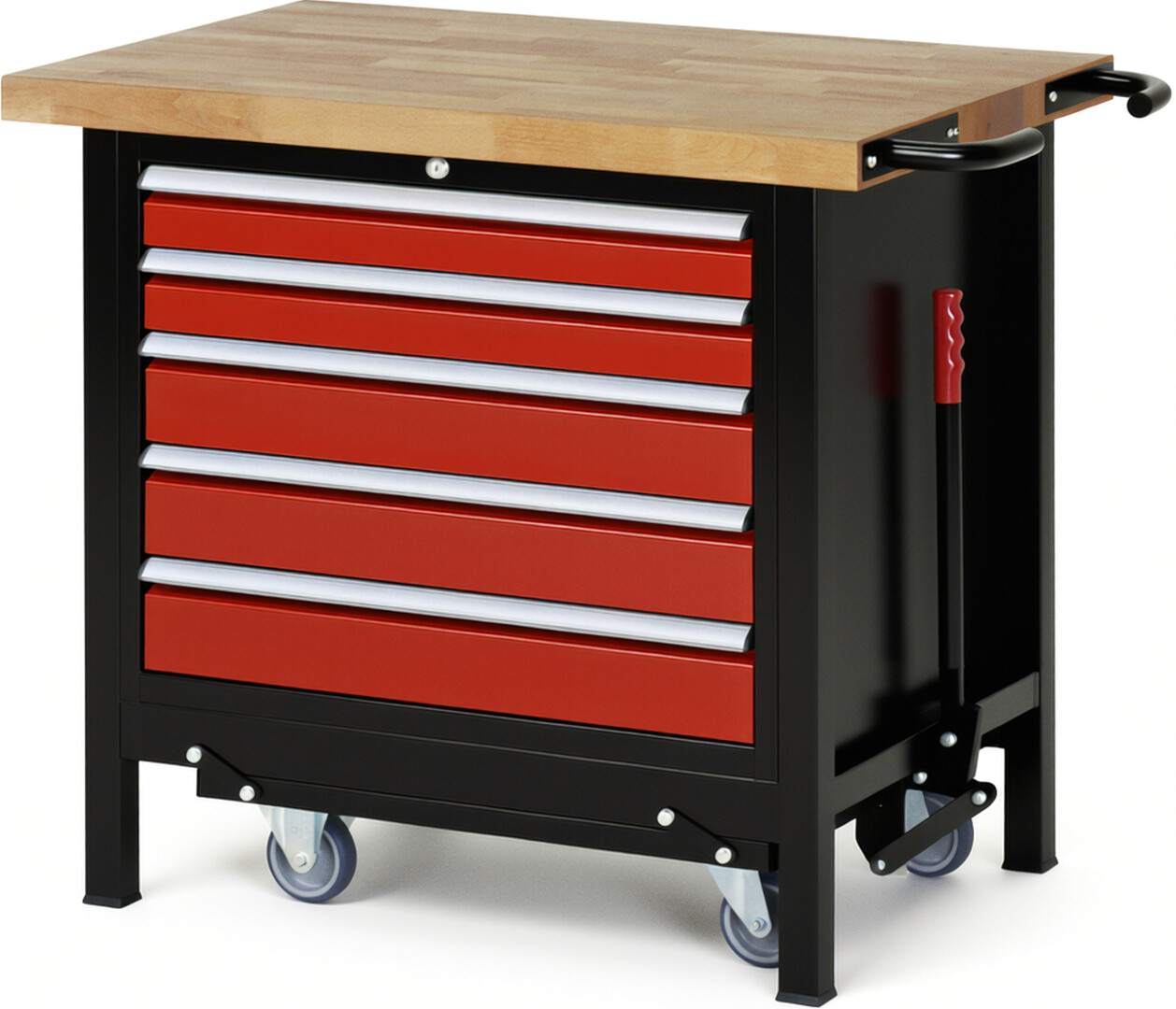 RAU Werkbank schwarz - rot - Breite 100 cm - Tiefe 70 cm - Höhe 88 cm - Buche-Massiv Arbeitsplatte 40 mm