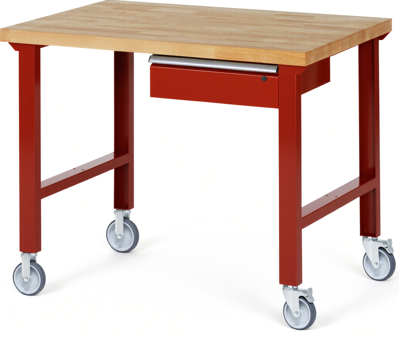 Fahrbare Werkbank Modell 7001 rot, BxTxH 1250x900x1000 mm,  Buche-Massiv Arbeitsplatte 40 mm,  1 Schublade mit  Auszug 90 %