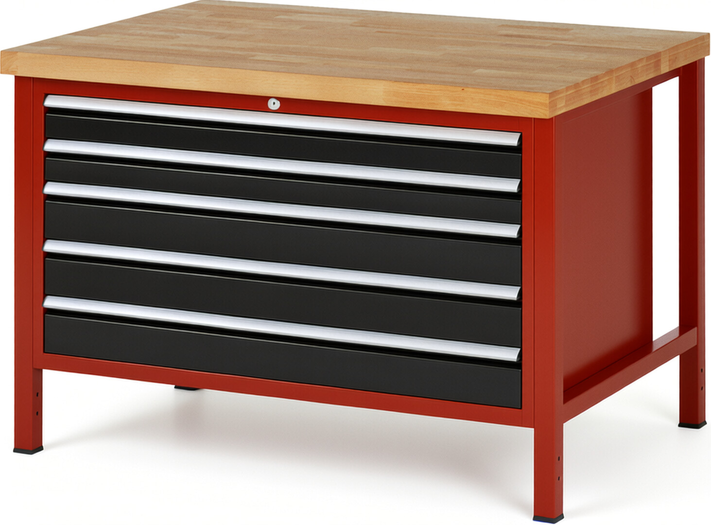 Werkbank Modell 8371 rot - schwarz, BxTxH 1250x900x840-1040 mm,  Buche-Massiv Arbeitsplatte 40 mm,  5 Schubladen mit  Vollauszug 100 % und  SoftClosing