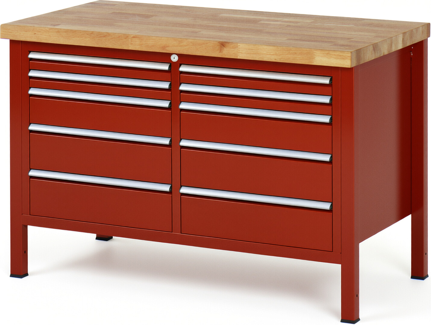 Werkbank Modell 8480 rot, BxTxH 1250x700x840 mm,  Buche-Massiv Arbeitsplatte 40 mm,  10 Schubladen mit  Vollauszug 100 % und  SoftClosing