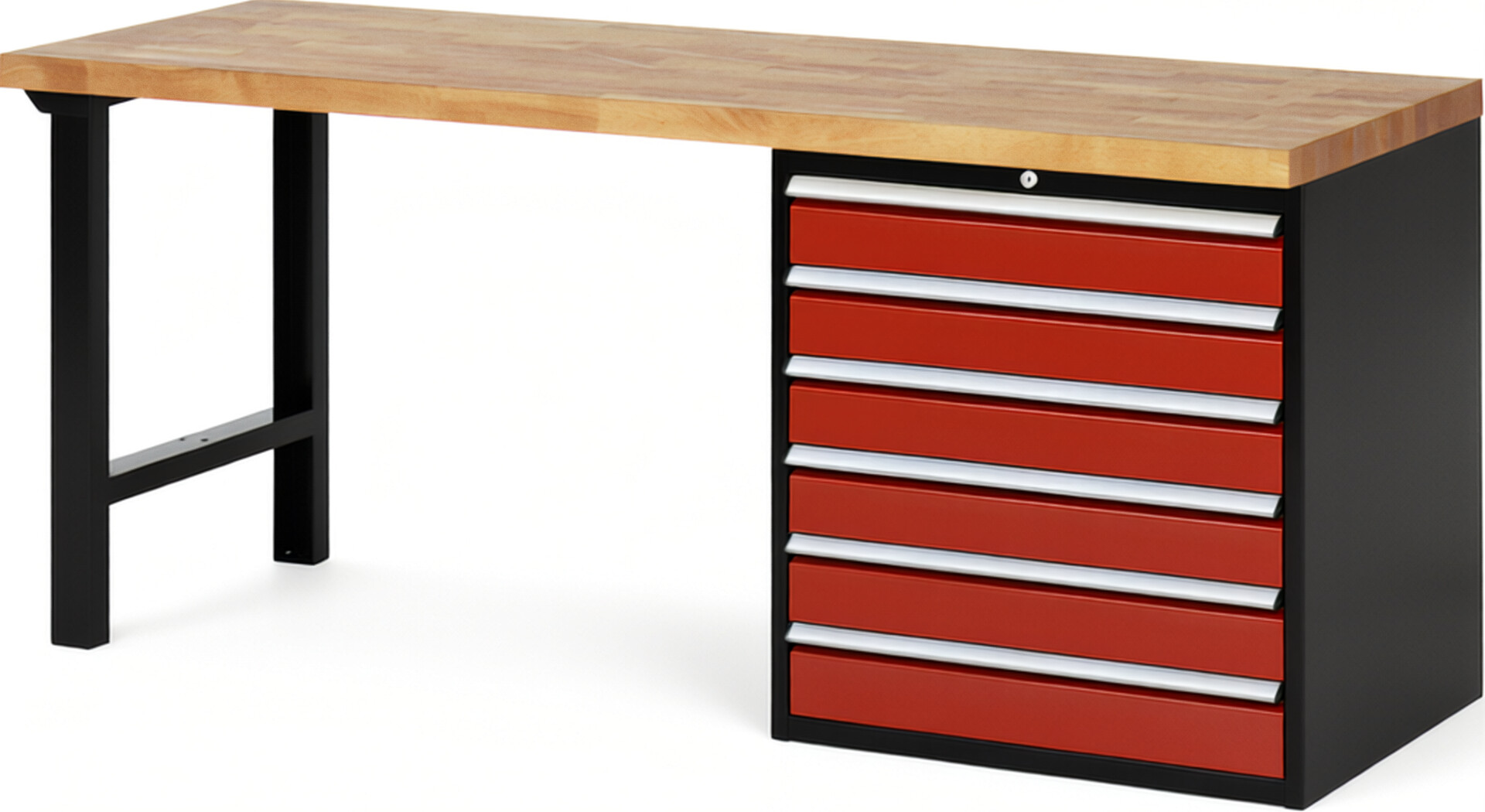 RAU Werkbank schwarz - rot - Breite 200 cm - Tiefe 70 cm - Höhe 84 cm - Buche-Massiv Arbeitsplatte 40 mm