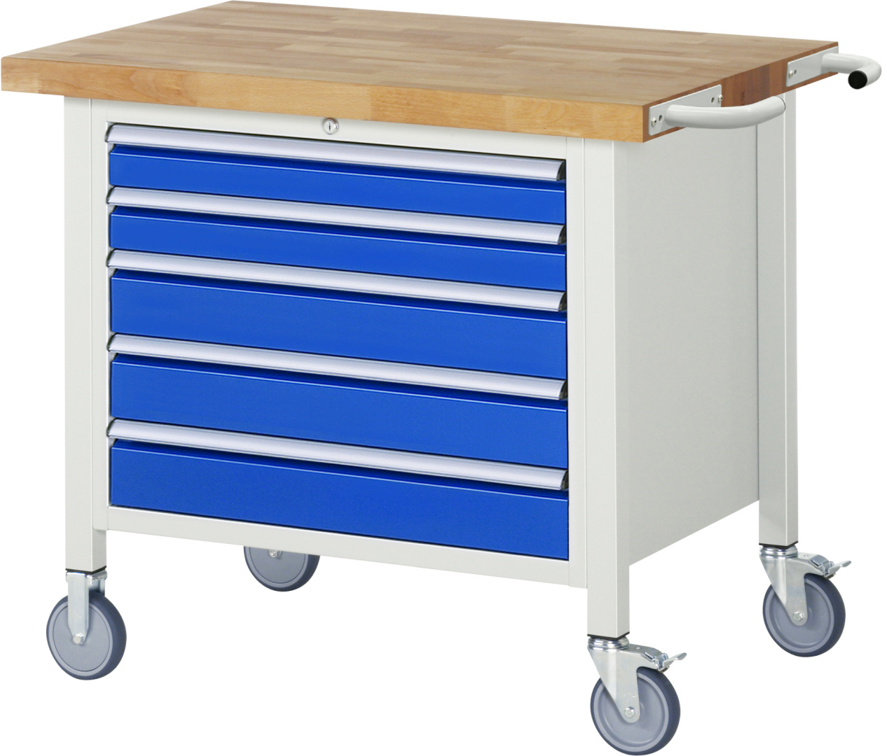 Fahrbare Werkbank Modell 8271,  BxTxH 1000x700x880-1080 mm,  Buche-Massiv Arbeitsplatte 40 mm,  5 Schubladen mit  Vollauszug 100 % und  SoftClosing